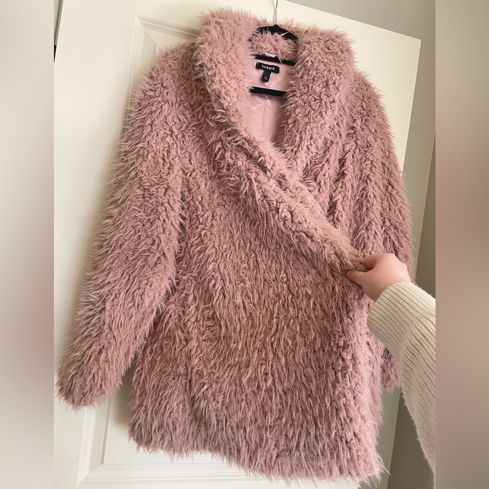 Torrid Sherpa Drape Front Jacket Mauve Pink 1X 14-16 Fluffy Cozy Neutral Rave - Picture 6 of 13